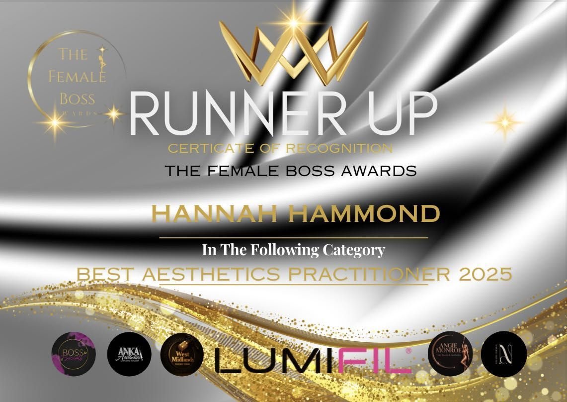 Hannah Hammond’s runner up certificate, Best Aesthetics Practitioner 2025, The Female Boss Awards